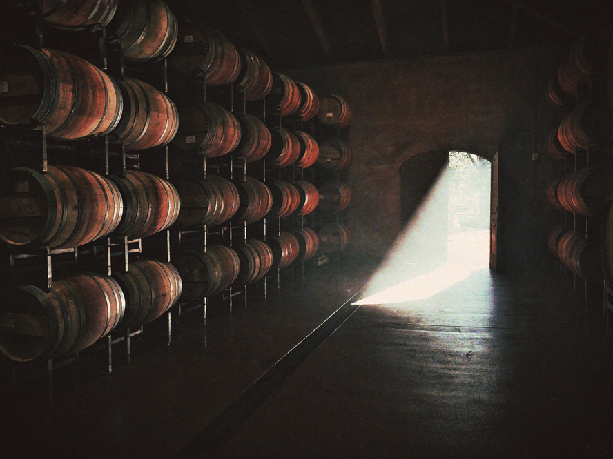 The barrel room at Cain Vineyard & Winery. Photograph by Mitch Rice.