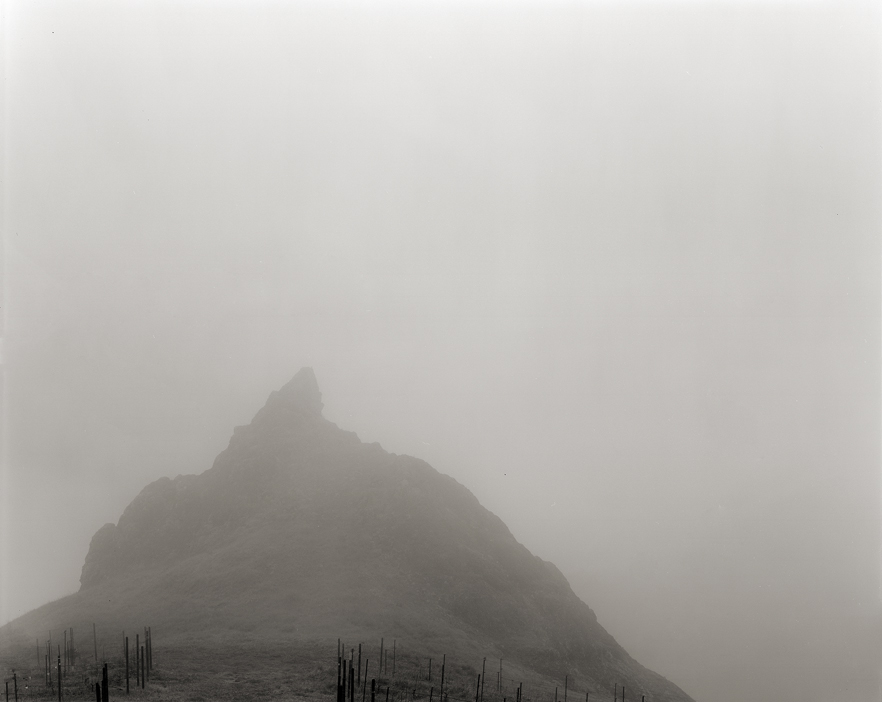 La Piedra, a promontory in the Cain Vineyard, in heavy fog. Photograph by Olaf Beckmann