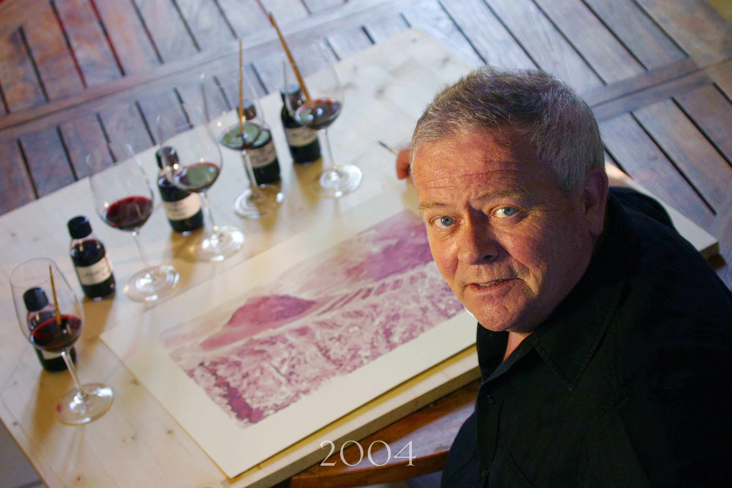 Phillippe Dufrenoy painting with Cain wine in 2004
