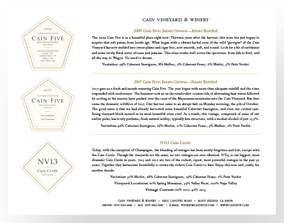 Cain 3 Wine Factsheet 2009 Cain Five, 2017 Cain Five, NV13 Cain Cuvee